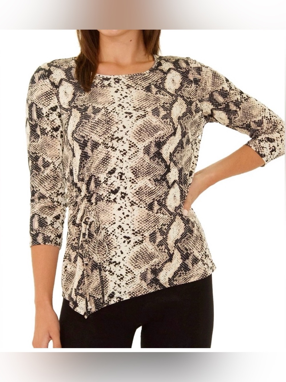 NY Collection Leopard Print Tie-Waist “Short Sleeves” Top - Beige Black